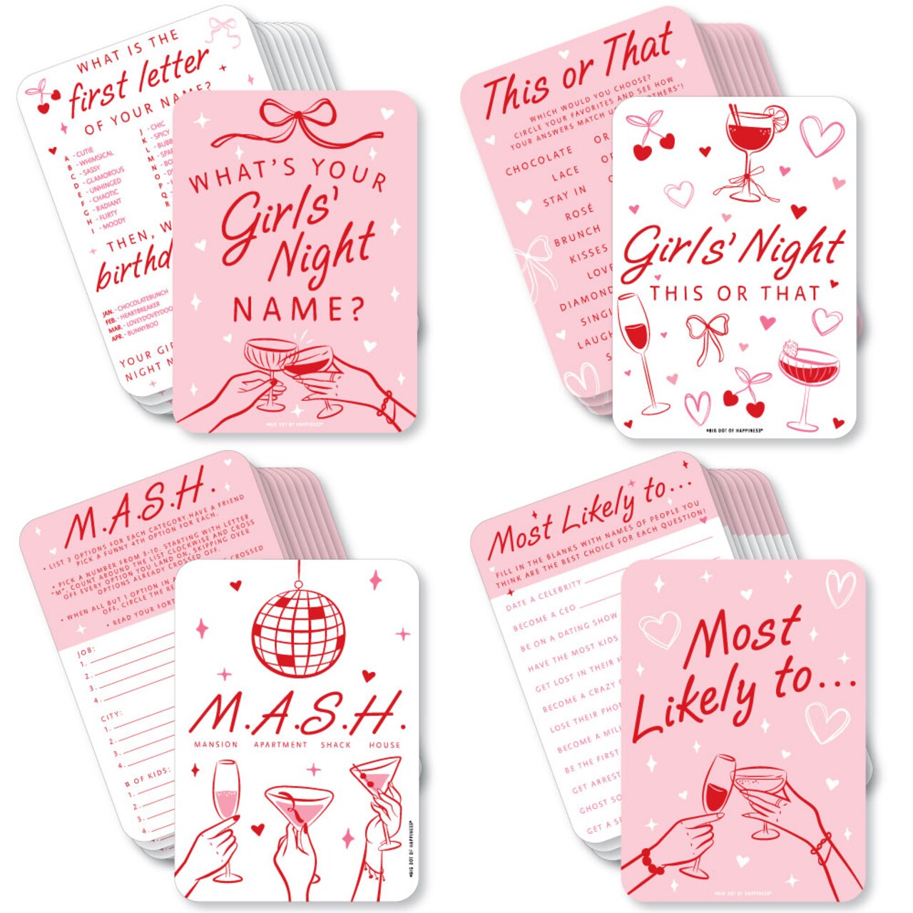 Big Dot of Happiness Drinks with the Girls Game Bundle, Girls' Night Birthday, Galentine's, or Bachelorette Game Pack, 4 Different Games - 10 of Each